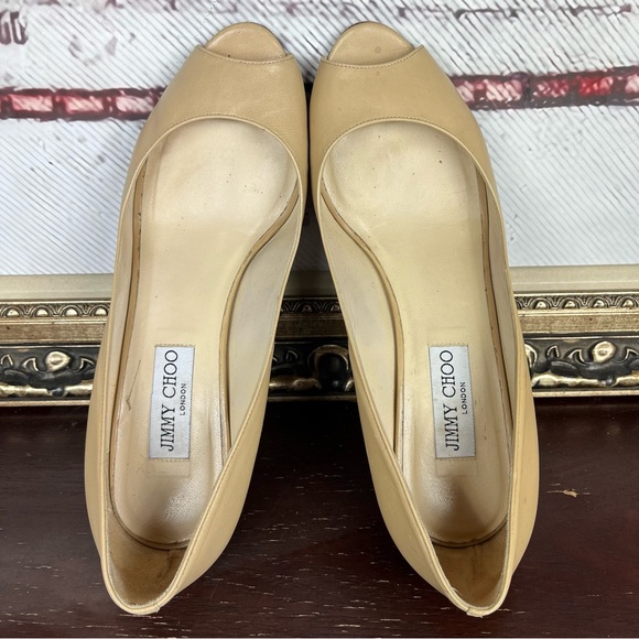 Jimmy Choo Peep-Toe Wedge Heels Nude Patent Leather Pumps Women's Size 9.5 - Picture 4 of 10